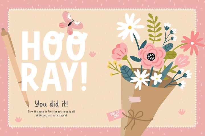 A cheerful illustration with “Hooray! You did it!” in bold white letters, a pink butterfly, and a “Great Job!” bouquet on a pink dotted background—perfect for KindKids Crosswords by Schiffer Publishing, Ltd. to celebrate positivity.