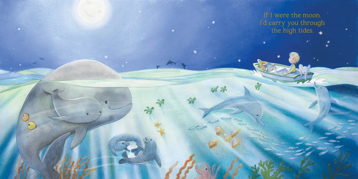 In "If I Were the Moon" by Schiffer Publishing, Ltd., a child drifts at night in a small boat beneath a full moon, surrounded by dolphins, sea otters, and vibrant coral, creating a serene bedtime scene perfect for young readers.