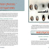 A two-page spread titled “Mystery Mussel Investigations” in the Adventures in Community Science Workbook by Schiffer Publishing, Ltd. features freshwater mussel facts, lesson instructions, and a photo of shells with a caliper.