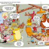 A lively group, inspired by The Golden Dragon from Schiffer Publishing, Ltd., gathers in a cozy kitchen for breakfast. A bear joins as a pig chef serves crepes; others chat, snack, or hunt for cookies—like a scene from a vibrant children’s graphic novel.