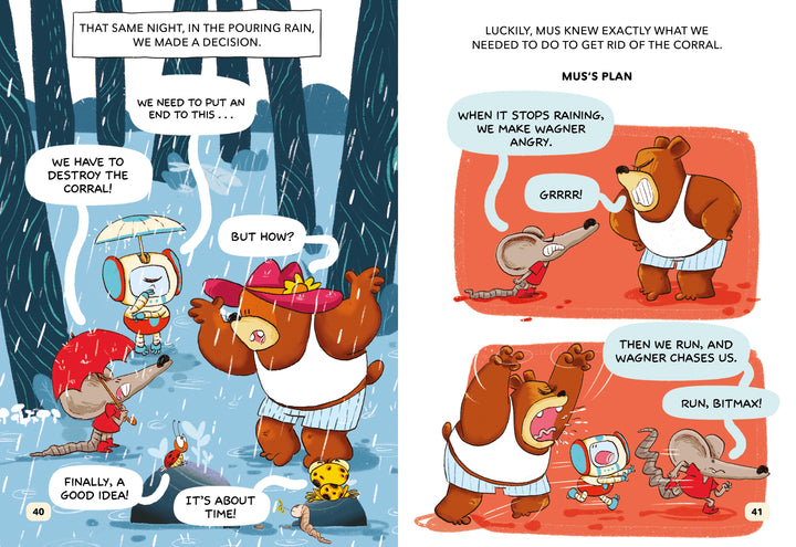 In "Paolo, the Sheepdog" by Schiffer Publishing, Ltd., a bear, a mouse, and Paolo the sheepdog stand in the rain. The mouse reveals their plan to destroy a corral, while the bear roars and Paolo, frightened, runs away.
