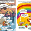 A group of animals shelter under a tarp in the rain; on the right, a bear, mouse, and rabbit chat beneath a rainbow. This vibrant scene is straight from "Paolo, the Sheepdog" by Schiffer Publishing, Ltd., perfect for young readers.