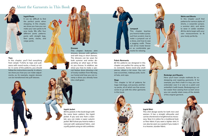 A collage showcases women modeling sustainable pants, tops, dresses, jackets, jumpsuits, skirts, and shorts with descriptions and customizable sizes—all featured in "Sew for Yourself" by Schiffer Publishing, Ltd.