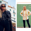 Left: A woman in sunglasses and a shiny black blouse stands outdoors. Right: The same woman indoors wears a white shirt made from Sew for Yourself by Schiffer Publishing, Ltd., with yellow flower-patterned curtains in the background.