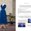 A royal blue tulle ball gown on a dress form stands beside a plant. The right page of "Sew for Yourself" by Schiffer Publishing, Ltd. shows step-by-step illustrated sewing instructions with customizable patterns and photos.
