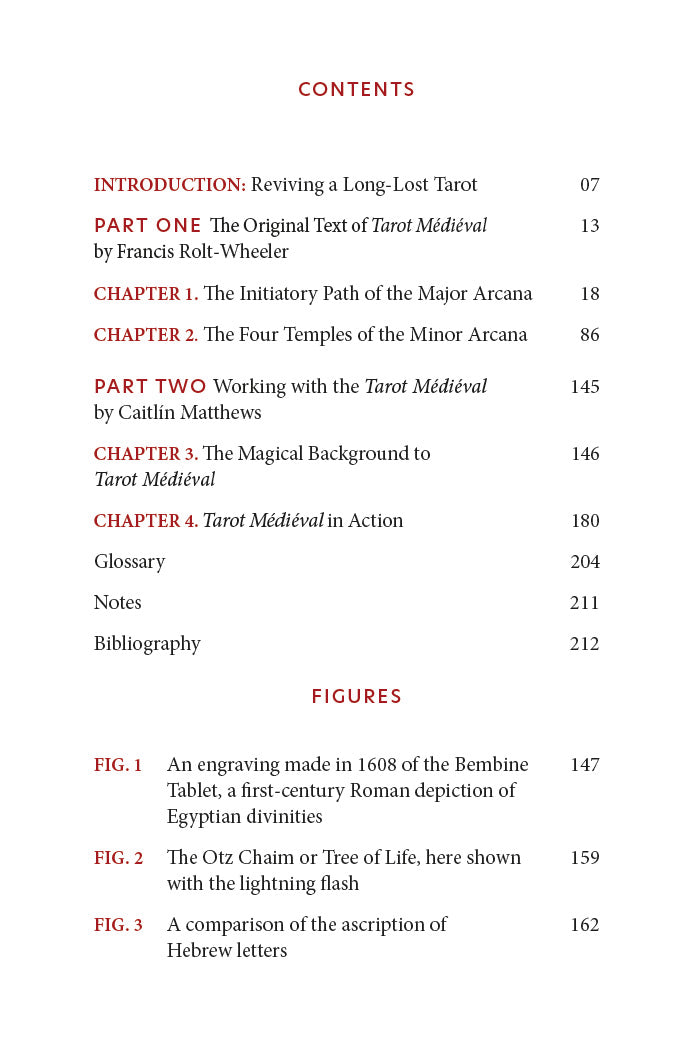 The Tarot Médiéval by Schiffer Publishing, Ltd. includes a table of contents with chapters on the restored tarot deck and Caitlín Matthews, plus figure titles on Tarot Médiéval’s history and symbolism, and pages for glossary, notes, and bibliography.
