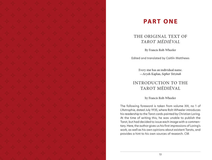 An open book shows "Tarot Médiéval" by Schiffer Publishing, Ltd., with Part One titled "The Original Text of Tarot Médiéval," edited by Caitlín Matthews. A red patterned left page faces an introduction for new readers on the right.