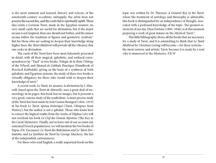 Two pages from "Tarot Médiéval" by Schiffer Publishing, Ltd. discuss tarot history, referencing Caitlín Matthews and medieval deck influences, with scholarly paragraphs, citations, and academic book titles.