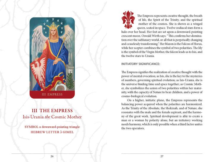 The Tarot Médiéval deck by Schiffer Publishing, Ltd. features the III Empress—a winged, crowned woman with a red cape and scepter beside an eagle shield—plus Caitlín Matthews' insights on the card’s symbolism and meaning.