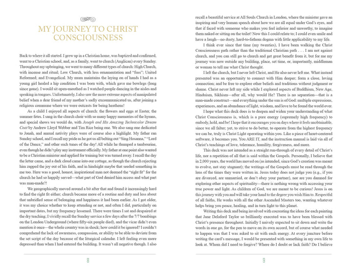 A two-page spread from Schiffer Publishing, Ltd.'s Christ Consciousness Self-Mastery Oracle features two-column text and a gold-accented decorative heading, delving into spiritual evolution and awakening.