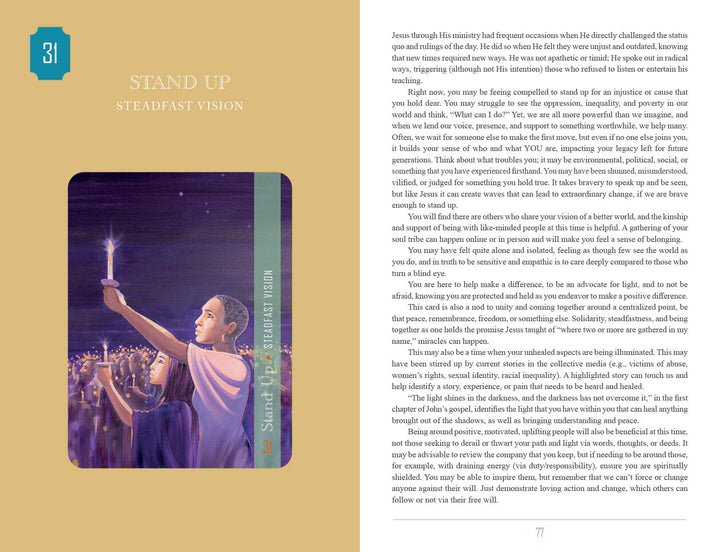 A book spread from Christ Consciousness Self-Mastery Oracle by Schiffer Publishing, Ltd. Left page: title "Stand Up: Steadfast Vision" with an illustration of a young woman holding a lit candle among others. Right page: text on steadfast vision.