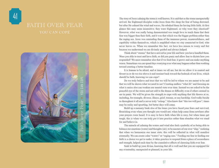 An illustrated page from Schiffer Publishing, Ltd.’s Christ Consciousness Self-Mastery Oracle shows people in a boat on rough seas, one reaching out, with the message “Faith Over Fear: You Can Cope,” reflecting spiritual evolution.