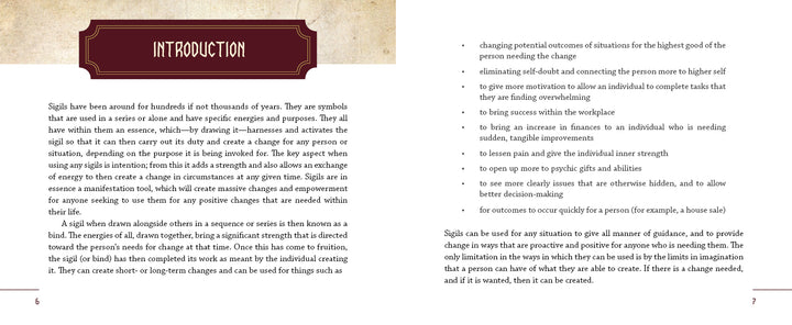 “Sigils” by Schiffer Publishing, Ltd. features two pages—one introducing sigils as symbols for manifestation and intentions, the other showing how sigils support spiritual empowerment, help achieve goals, and influence situations.
