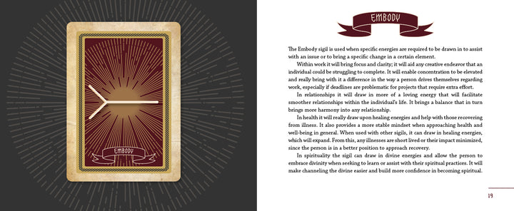 On the left, a tarot-style card labeled EMBODY with a radiant design. On the right, text explains how Schiffer Publishing, Ltd.'s Sigils aid healing, clarity, manifestation, healthy relationships, and spiritual empowerment.
