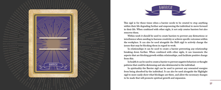 An illustrated card from Sigils by Schiffer Publishing, Ltd. titled "Barrier" shows rays from a central block. Text on the right explains the Barrier sigil’s spiritual empowerment, meaning, significance, and its page—57.