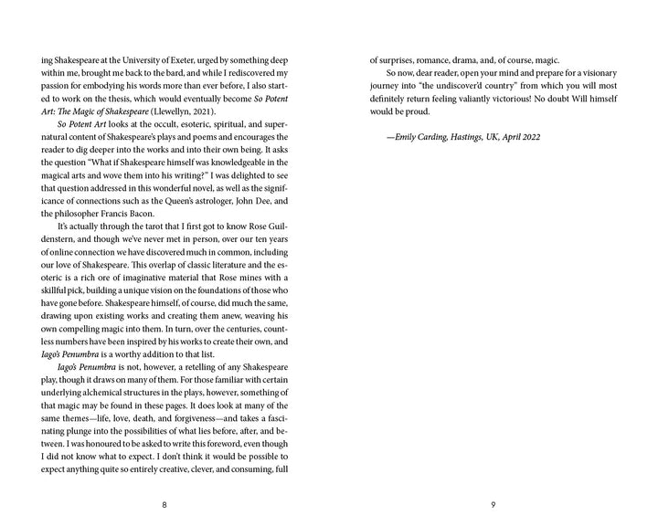 An open book, Iago's Penumbra by Schiffer Publishing, Ltd., displays pages 8-9 with text exploring the author's Shakespeare experience, Rose Morris’s influence, the magic of visionary fiction, and a quote by Emily Cordes on page 9.
