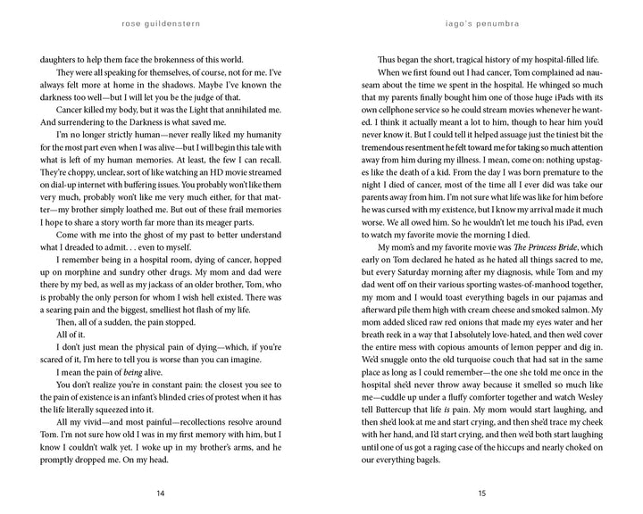 An open book displays two pages filled with text. On the left is “rose guildenstern,” and on the right, “Iago’s Penumbra” by Schiffer Publishing, Ltd., each weaving visionary fiction into memoir-like personal narratives.
