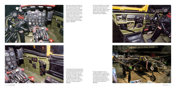 Four images of the A-26 Invader cockpit with detailed instrument panels, control levers, and switches, plus an exterior museum view with Legends of Warfare plaques. From Schiffer Publishing, Ltd.