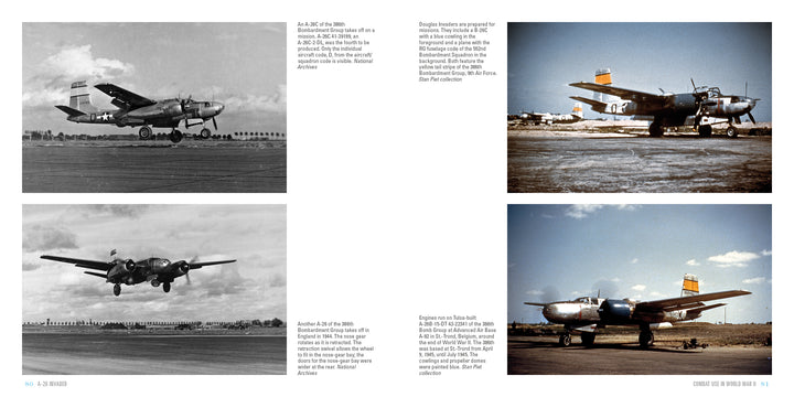 A two-page spread in Schiffer Publishing’s A-26 Invader shows four photos—black and white and color—of a WWII Douglas attack bomber on runways, with captions on its history and technical details.