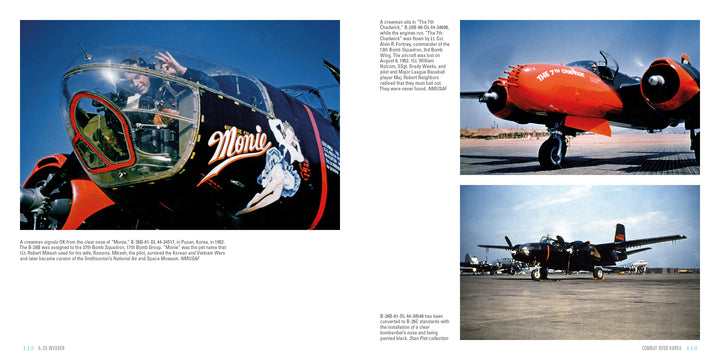 A two-page spread from Schiffer Publishing's A-26 Invader shows WWII aircraft: left, nose art "Mimi"; right, two Douglas Invader red and black twin-engine planes parked under blue skies.