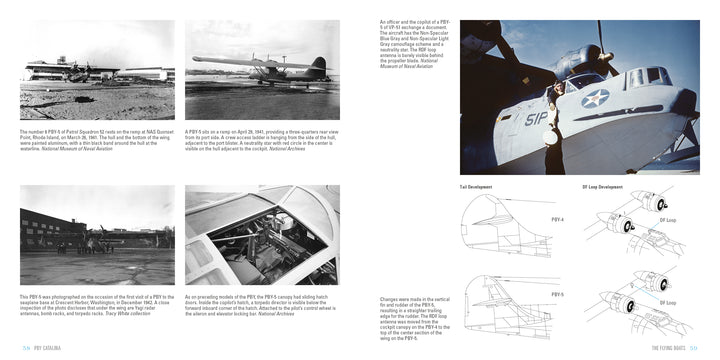 A two-page spread in Schiffer Publishing, Ltd.’s PBY Catalina features color and black-and-white photos on land and water, cockpit close-ups, line drawings of gun developments, and historical information on this iconic patrol bomber.