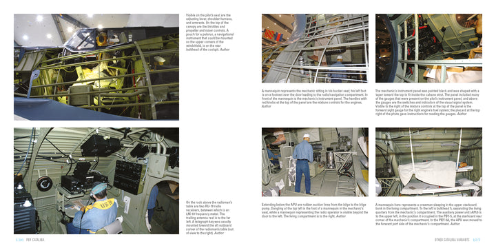 A two-page spread from Schiffer Publishing, Ltd.'s PBY Catalina showcases color photos of the aircraft’s interior, equipment, crew, structural details, controls, and maintenance activities, all with descriptive captions.