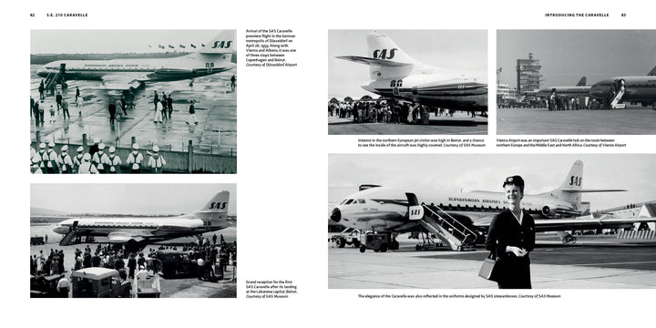 A collage of vintage black-and-white photos showcases S.E. 210 Caravelle jet airliners at airports, with passengers boarding, crew on the tarmac, and a flight attendant posing—featured by Schiffer Publishing, Ltd.