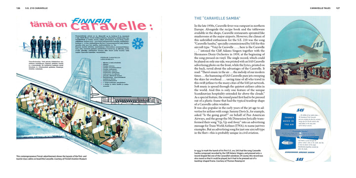 A vintage brochure in Schiffer Publishing, Ltd.'s S.E. 210 Caravelle features jet interior cutaways with passengers, uniformed crew illustrations, a tail view, and historic photos of an SAS Caravelle at the airport and during in-flight service.