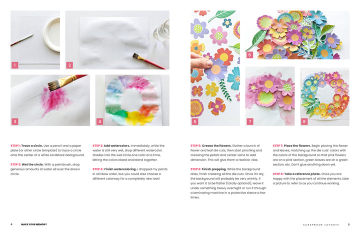 The "Make Your Memory" guide from Schiffer Publishing, Ltd. teaches you to draw a circle, add watercolor, blend colors, cut out flowers, and arrange them into a vibrant wreath—ideal for scrapbooking or handmade card and photo album decor.