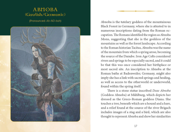 Illustrated page from "Celtic Goddesses, Witches, and Queens Oracle" by Schiffer Publishing, Ltd. shows a woman with antlers and feathers in a forest beside text about Abnoba, a Celtic goddess linked to mountains and springs.