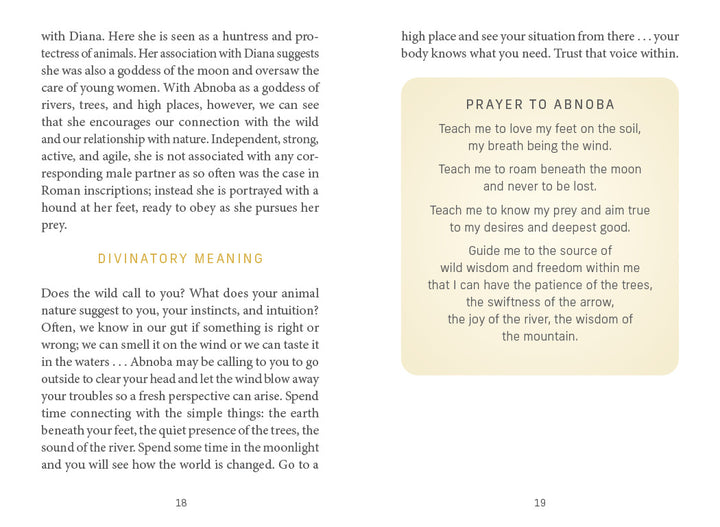 A spread from the "Celtic Goddesses, Witches, and Queens Oracle" by Schiffer Publishing, Ltd. features text on water and nature as a Celtic oracle and the "Prayer to Abnoba" on pages 18–19.