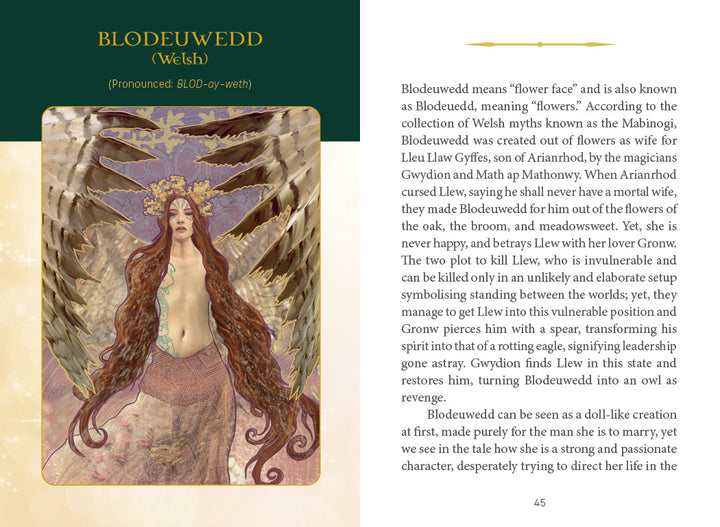 An illustrated page from Schiffer Publishing, Ltd.'s "Celtic Goddesses, Witches, and Queens Oracle" features Blodeuwedd—a winged, antlered woman with a floral crown—symbolizing mythic wisdom and serving as a powerful tool for divination.