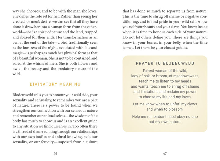 A page from Schiffer Publishing, Ltd.'s Celtic Goddesses, Witches, and Queens Oracle features text on Blodeuwedd's myth and symbolism, with a tan box on the right displaying a poem titled "Prayer to Blodeuwedd" about power and nature.