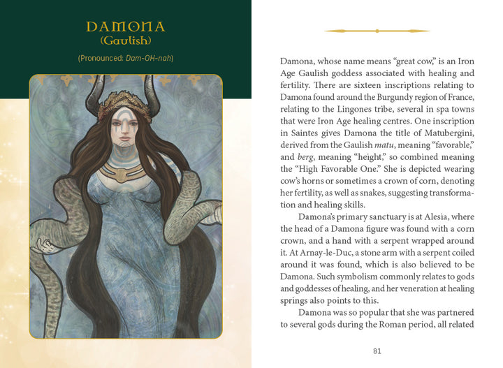 An illustrated page from "Celtic Goddesses, Witches, and Queens Oracle" by Schiffer Publishing, Ltd. shows Damona, a Celtic fertility goddess with long hair, a horned headdress, and fur cloak, often featured in divinatory oracles.