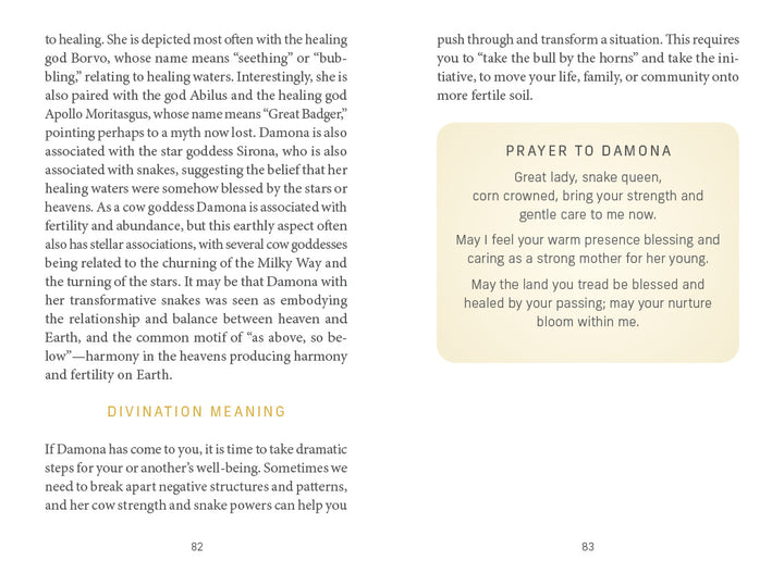 A spread from Schiffer Publishing, Ltd.'s *Celtic Goddesses, Witches, and Queens Oracle* features black serif text on cream pages and a beige "Prayer to Damona" card, evoking a Celtic divinatory tool.