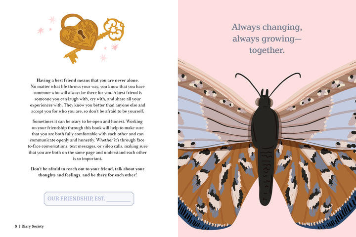 The Shared Diary Society for Friends by Schiffer Publishing, Ltd. features a gold heart-shaped lock and key, friendship prompts, a butterfly illustration, and the quote: Always changing, always growing—together. A perfect gift for friends.