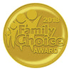 Gold medal featuring stylized family figures, reminiscent of a teen book style. Text "2018 Family Choice Award™" embossed on front. Awarded to Mega Awesome Notebook by Schiffer Publishing, Ltd.