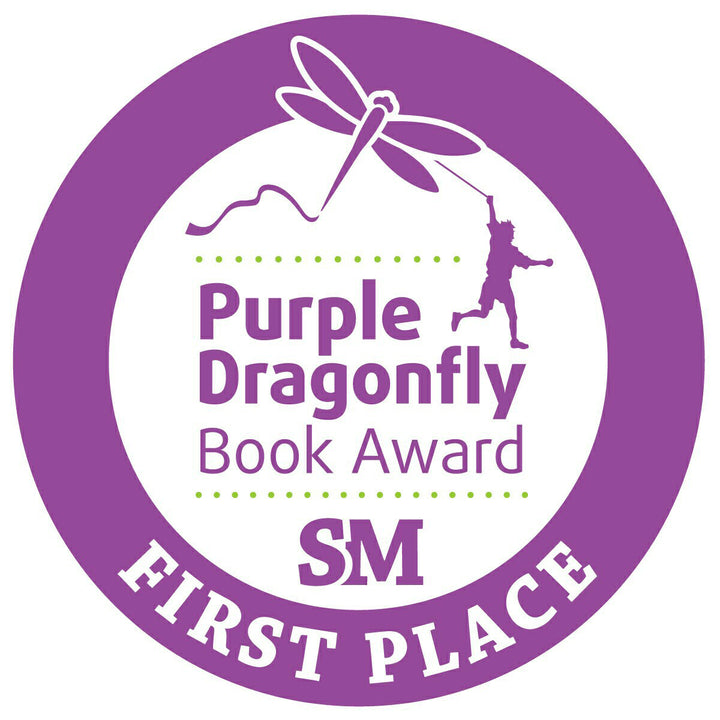 A circular purple badge for Geraldine and the Most Spectacular Science Project by Schiffer Publishing, Ltd., features a dragonfly, a young inventor’s silhouette with a string, and “Purple Dragonfly Book Award SM FIRST PLACE.”.