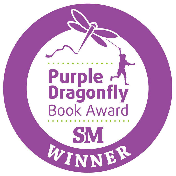 A circular purple badge with a dragonfly and a child holding its string above "Purple Dragonfly Book Award SM Winner," celebrating Max's Box by Schiffer Publishing, Ltd.—a story that nurtures children's emotional growth.