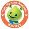 A green, three-eyed cartoon monster smiles and gives a thumbs up inside an orange circle labeled Story Monsters Approved! WINNER, making "Awesome Chesapeake" by Schiffer Publishing, Ltd. perfect for ecology education in elementary schools.