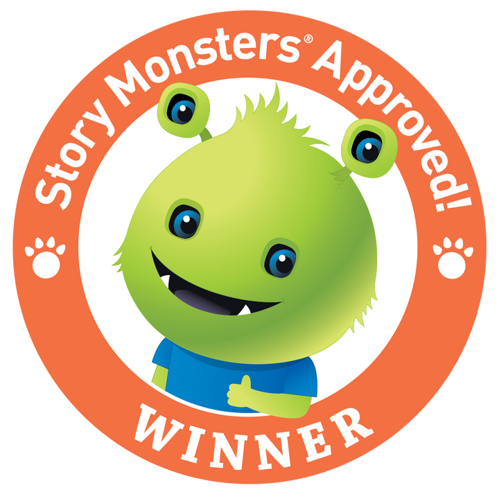A green, three-eyed cartoon monster smiles and gives a thumbs up inside an orange circle labeled Story Monsters Approved! WINNER, making "Awesome Chesapeake" by Schiffer Publishing, Ltd. perfect for ecology education in elementary schools.