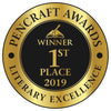 A gold and black circular medal reads Pencraft Awards Literary Excellence, Winner 1st Place 2019, and features an open book—perfect for Jocelyn's Box of Socks by Schiffer Publishing, Ltd., a children's book on managing emotions or for teachers.