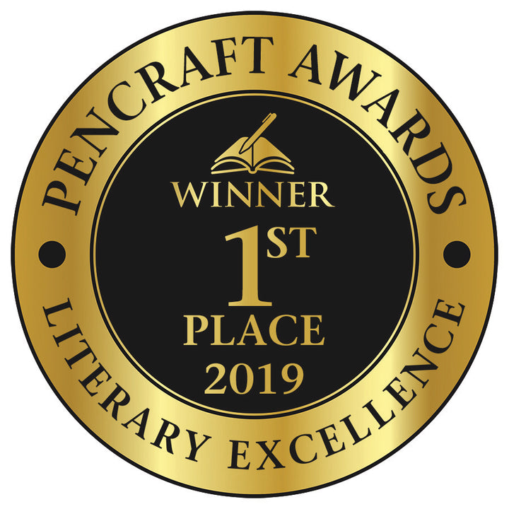 A gold and black circular medal reads Pencraft Awards Literary Excellence, Winner 1st Place 2019, and features an open book—perfect for Jocelyn's Box of Socks by Schiffer Publishing, Ltd., a children's book on managing emotions or for teachers.